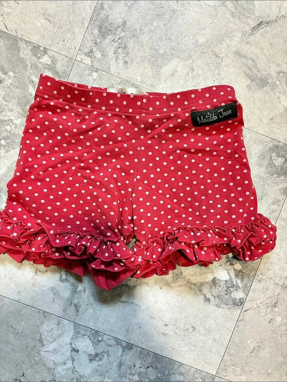 Matilda Jane Clothing Polka Dot Ruffle Shorts in Red
